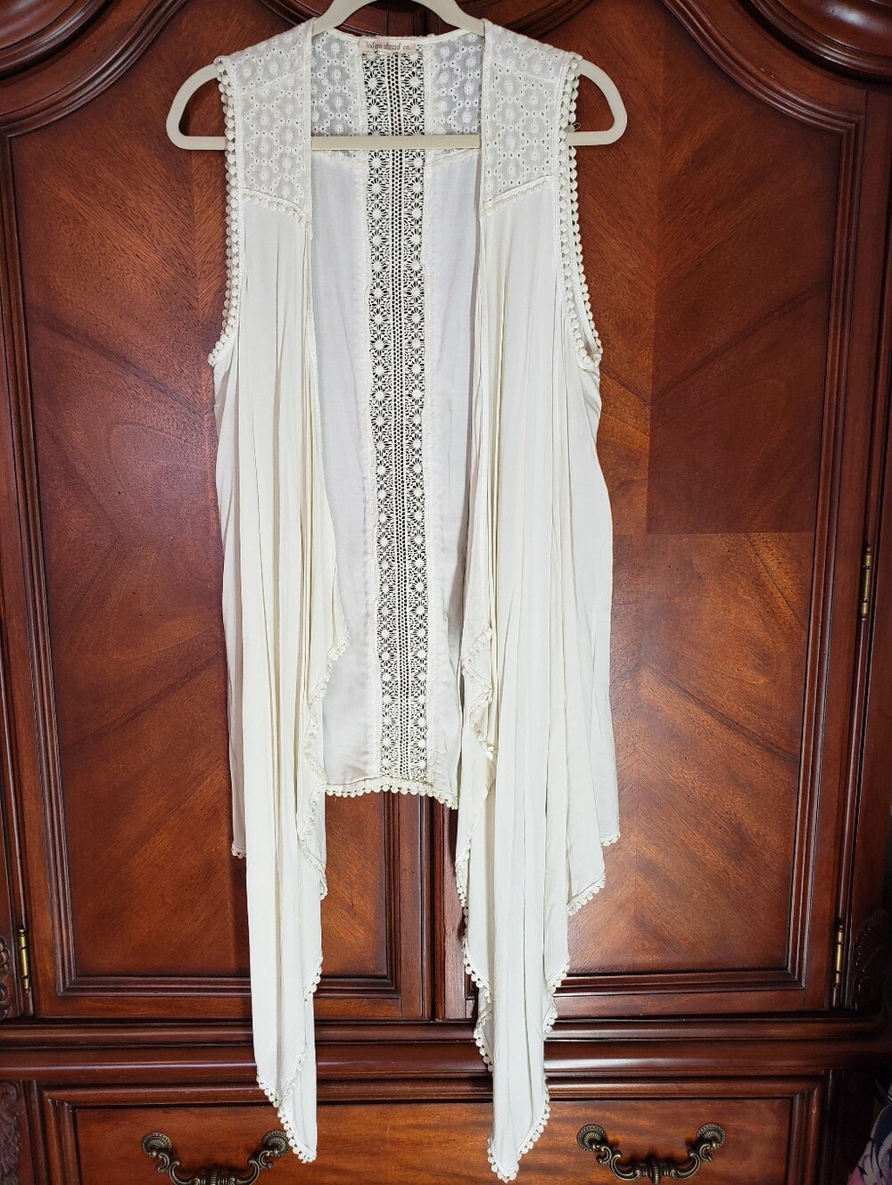 Boho Cream Lace-Trim Draped Vest -by Indigo Thread